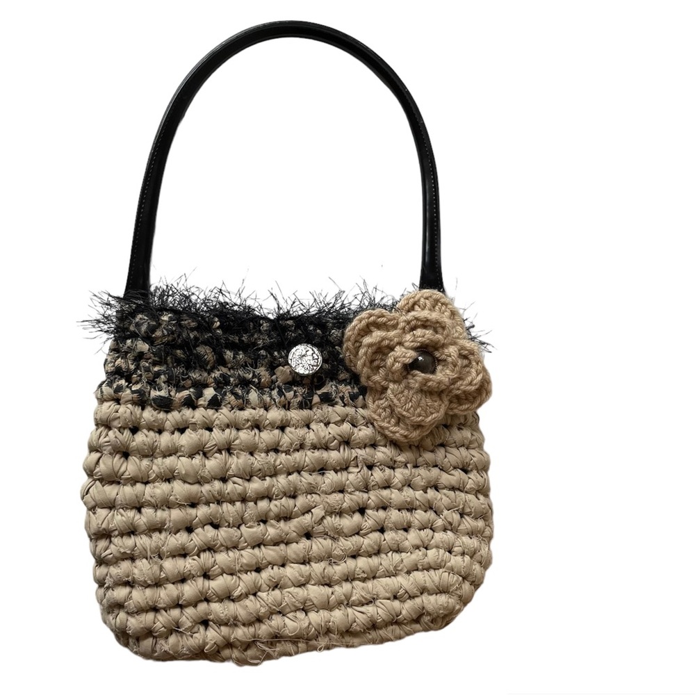 Handmade Tan And Black Purse With Knitted Flower